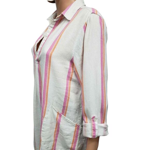 For Cynthia Rowley Popover Tunic Top Women M Linen blend Roll up sleeve Pockets - Picture 5 of 10